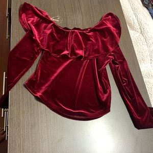 Dark magenta velvet off the shoulder long sleeve top